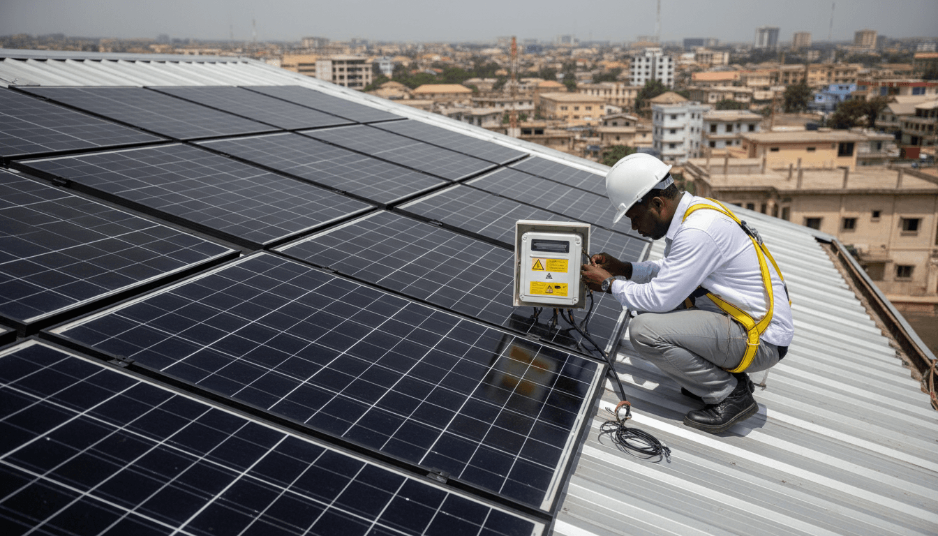 Solar panel installation on residential rooftop in Lagos with technician working on inverter system