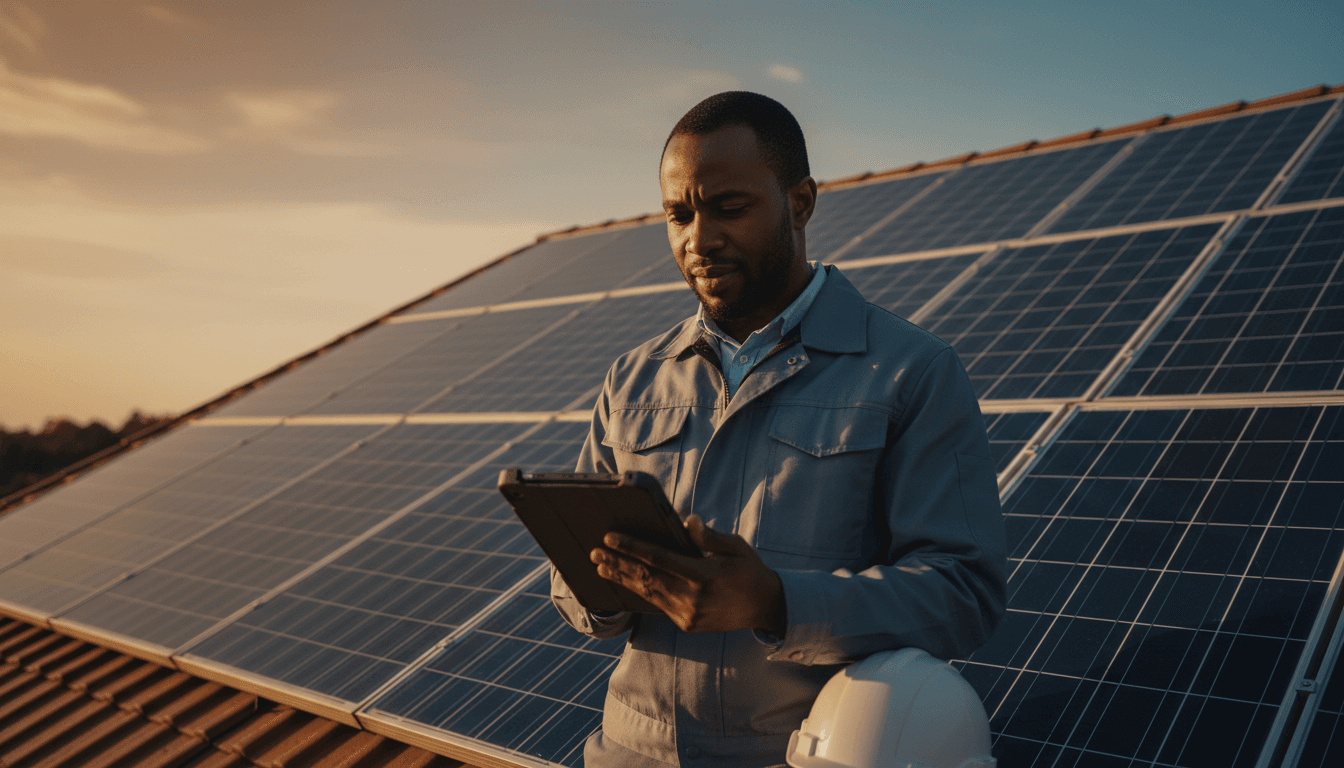 Solar energy engineer reviewing system specifications on residential rooftop