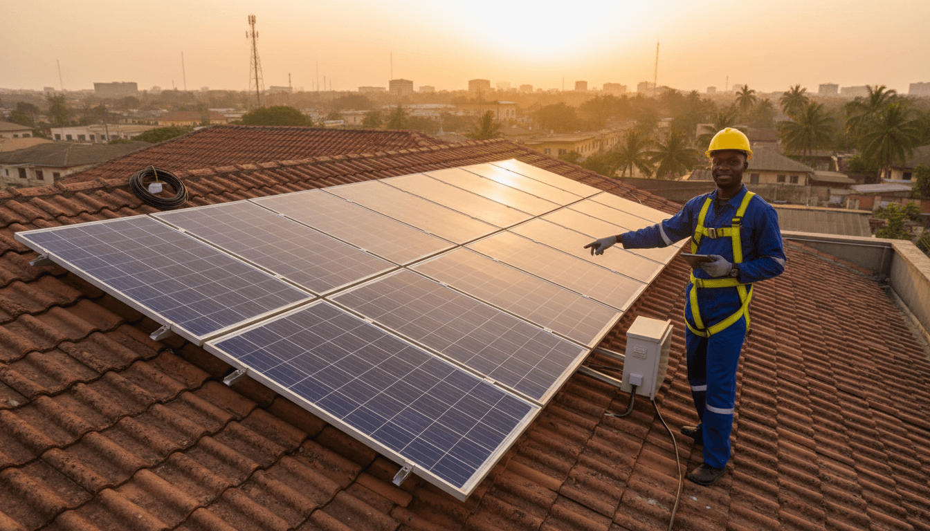 Completed solar panel installation on a Lagos residential rooftop with technician demonstrating the system