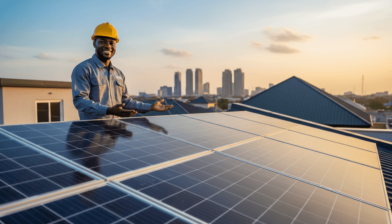 Solar technician on residential rooftop with installed solar panels in Lagos